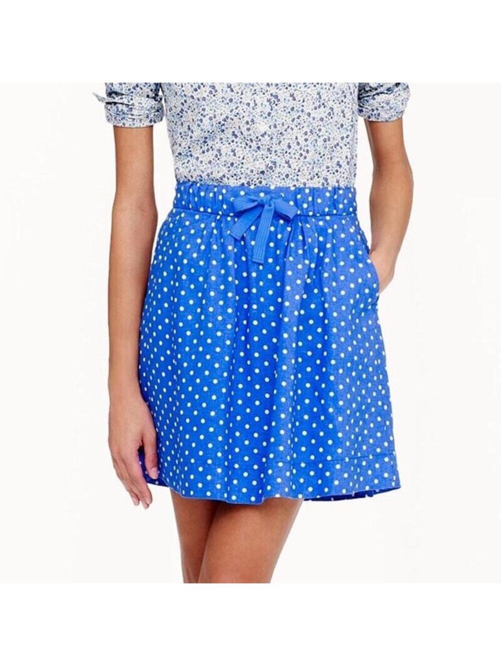 J.Crew NWOT Women's Boardwalk Linen Blend Blue Polka Dot Skirt Size 8